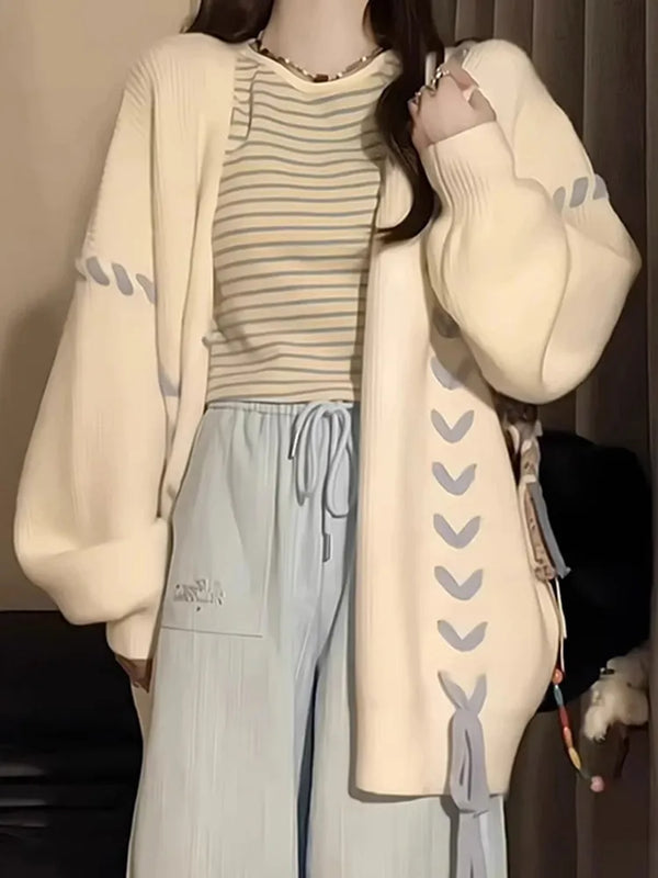 Casual Knitted Women 's Sweater Bandage Spliced Loose Contrast Color Cardigan Fashion