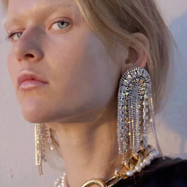 Luxury Shiny Rhinestone Tassel Dangle Earrings Jewelry For Women Fashion Show Lady's Statement Daily Accessories